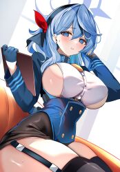 Rule 34 | 1girl, absurdres, ako (blue archive), bell, blue archive, blue eyes, blue hair, blue jacket, breasts, couch, cowbell, earrings, enishi96, garter straps, gloves, gun, hairband, half gloves, halo, handgun, highres, holding, holding notepad, jacket, jewelry, large breasts, long sleeves, looking at viewer, luger p08, medium hair, notepad, sideboob, sidelocks, sitting, solo, swept bangs, thighhighs, thighs, weapon