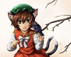 Rule 34 | 1girl, animal ears, animalization, bad deviantart id, bad id, bird, brown eyes, brown hair, cat ears, cat tail, chen, crow, earrings, jewelry, looking at another, multiple tails, nekomata, open mouth, shameimaru aya, shameimaru aya (crow), short hair, single earring, sleepingfox, smile, solo, tail, touhou, tree, two tails