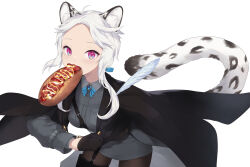 Rule 34 | 1girl, animal ear fluff, animal ears, black gloves, breast pocket, cait aron, commentary, food in mouth, gloves, grey shirt, half gloves, highres, indie virtual youtuber, kusubashi shiya, leopard ears, leopard girl, leopard tail, long hair, long sleeves, looking at viewer, parted bangs, pink eyes, pocket, shirt, simple background, solo, tail, virtual youtuber, white background, white hair, yakisoba, yakisobapan