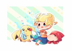 Rule 34 | 1boy, :d, blonde hair, blue shorts, blush, blush stickers, border, bottle, commentary request, creatures (company), diagonal stripes, doseisan, ears down, full body, game freak, gen 1 pokemon, green background, halftone, hitofutarai, holding, holding bottle, lucas (mother 3), mother (game), mother 3, multicolored background, multicolored clothes, nintendo, open mouth, orange footwear, pikachu, pokemon, pokemon (creature), quiff, ramune, red shirt, shirt, shoes, short hair, short sleeves, shorts, simple background, sitting, smile, socks, solid oval eyes, star (symbol), striped background, striped clothes, striped shirt, super smash bros., t-shirt, two-tone shirt, white background, white socks, yellow shirt