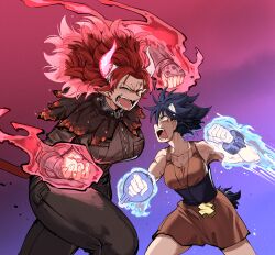 2girls absurdres angry animal_ears antares_topaz aura bare_arms bare_shoulders battle black_hair blood blood_on_face blue_background broken_horn brown_pants brown_shirt buttons clenched_hands closed_eyes clothing_request collar collarbone cow_ears cow_girl cow_horns cross-shaped_pupils cuffs cygni_boreas_lluminal detailed_knuckles fangs fighting_stance fingernails furrowed_brow ganymede_(antares_topaz) glowing glowing_hair glowing_horns highres horns incoming_attack jewelry looking_at_another metal_collar multiple_girls necklace open_hand open_mouth pants punching purple_background red_background red_hair scar scar_on_arm screaming shackles sheep_tail shirt star_linker symbol-shaped_pupils tail tongue vambraces