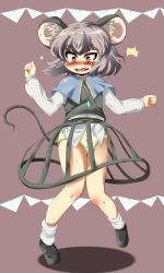 Rule 34 | 1girl, absurdres, animal ears, blush, capelet, dress, embarrassed, grey dress, grey hair, highres, jewelry, loafers, long sleeves, mepikari, mouse ears, mouse tail, nazrin, panties, pendant, red eyes, see-through, shadow, shirt, shoes, short hair, socks, solo, standing, sweatdrop, symbol-shaped pupils, tail, tears, touhou, underwear, white shirt, white socks, yellow panties
