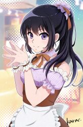 Rule 34 | 1girl, apron, black hair, breasts, closed mouth, detached collar, detached sleeves, halcioneis, hands up, hibike! euphonium, highres, kousaka reina, long hair, looking at viewer, maid apron, maid cafe, maid headdress, medium breasts, own hands together, plaid, ponytail, puffy short sleeves, puffy sleeves, purple eyes, ribbon, short sleeves, smile, solo, sweets paradise, white apron