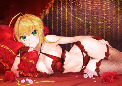 Rule 34 | 1girl, ahoge, arm at side, bare shoulders, blonde hair, bow, bow panties, bra, braid, breasts, bridal gauntlets, cherry blossoms, cleavage, collarbone, criss-cross halter, fate/grand order, fate (series), fishnet thighhighs, fishnets, flower, gluteal fold, green eyes, hair flower, hair intakes, hair ornament, halterneck, lace, lace-trimmed bra, lace-trimmed panties, lace trim, large breasts, lingerie, looking at viewer, lying, navel, nero claudius (fate), nero claudius (fate) (all), nero claudius (fate/extra), on bed, on side, onigiri-kun (demmy), panties, red bra, red flower, red panties, red rose, rose, side braid, smile, solo, thigh gap, thighhighs, underwear, underwear only, wide hips