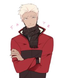 Rule 34 | 1boy, archer (fate), bora (lette1235), crossed arms, dark skin, dark-skinned male, fate/stay night, fate (series), jacket, male focus, red jacket, scarf, solo, w, white hair