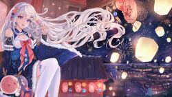 1girl :d absurdly_long_hair aerial_fireworks akari_(akariimia) alisa_(osu!) blue_dress breasts cleavage cleavage_cutout clothing_cutout dango dress feet_out_of_frame fireworks floating_hair flower food fur-trimmed_dress fur_trim gift hair_flower hair_intakes hair_ornament hairclip highres holding holding_food lantern long_hair long_sleeves looking_at_viewer medium_breasts night night_sky open_mouth osu! outdoors paper_lantern pink_flower purple_eyes revision second-party_source shoulder_cutout sidelocks sitting sky smile taiko_no_tatsujin teeth thighhighs upper_teeth_only very_long_hair wada_don wagashi white_hair white_thighhighs zettai_ryouiki