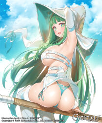 Rule 34 | 1girl, armpits, artist name, ass, blue panties, breasts, company name, copyright name, copyright notice, evertale, from behind, green eyes, green hair, hat, lace, lace-trimmed panties, lace panties, lace trim, large breasts, long hair, looking back, merlin (evertale), official art, open mouth, panties, popqn, revealing clothes, sideboob, sitting, solo, thong, underwear, witch hat