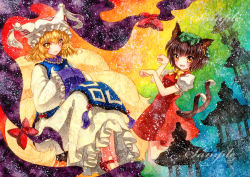 Rule 34 | 2girls, acrylic paint (medium), animal ears, animal hat, bad id, bad pixiv id, blonde hair, bow, brown hair, cat ears, cat tail, chen, dress, earrings, fang, fox tail, gap (touhou), hands in opposite sleeves, hat, hat with ears, jewelry, knees up, light particles, long sleeves, looking at viewer, mob cap, multicolored background, multiple girls, multiple tails, open mouth, orange eyes, painting (medium), parted lips, paw pose, puffy short sleeves, puffy sleeves, qqqrinkappp, rainbow background, red dress, red footwear, ribbon, sample watermark, shoes, short hair, short sleeves, single earring, stone lantern, tabard, tail, tassel, texture, touhou, traditional media, watermark, white dress, wide sleeves, yakumo ran, yellow eyes