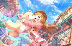 Rule 34 | 1girl, amusement park, animal hat, animal print, artist request, blue pantyhose, blunt bangs, blush, boots, bow, brown eyes, brown hair, child, coat, day, frills, fur trim, hat, holding, holding stuffed toy, hug, hugging object, ichihara nina, idolmaster, idolmaster cinderella girls, idolmaster cinderella girls starlight stage, leg up, long hair, official art, one eye closed, open mouth, outdoors, pantyhose, shoes, skirt, sky, smile, solo focus, standing, standing on one leg, stuffed animal, stuffed toy, sunlight, teddy bear