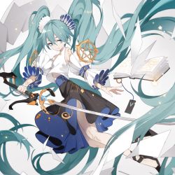 Rule 34 | 1girl, absurdly long hair, aqua eyes, aqua hair, black skirt, blouse, book, closed mouth, detached sleeves, floating hair, hair between eyes, hair ornament, hatsune miku, high-waist skirt, holding, holding sword, holding weapon, katana, long hair, looking at viewer, nine (liuyuhao1992), open book, paper, shirt, skinny, skirt, smile, solo, sword, twintails, very long hair, vocaloid, weapon, white shirt
