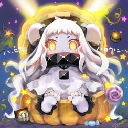 Rule 34 | 10s, 1girl, abyssal ship, anklet, bad id, bad pixiv id, barefoot, candy, chibi, colored skin, dress, feet, food, halloween, horns, jewelry, kantai collection, lollipop, long hair, looking at viewer, mittens, northern ocean princess, pecorin, pumpkin, sitting, soles, toes, translation request, white dress, white hair, white skin, yellow eyes