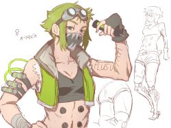 Rule 34 | 1girl, apex legends, arm tattoo, ass, black gloves, breasts, cable, cleavage, collarbone, cropped jacket, fingerless gloves, genderswap, genderswap (mtf), gloves, goggles, goggles on head, green hair, green jacket, hair behind ear, hand on own hip, head tilt, holding, holding syringe, jacket, kogane mushi, looking at viewer, mask, medium breasts, midriff, mole, mouth mask, multiple views, navel, octane (apex legends), short hair, sketch, sleeveless, sleeveless jacket, syringe, tattoo