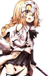 Rule 34 | 1girl, :d, absurdres, ass, black bow, black skirt, blonde hair, blush, bow, braid, clothing cutout, collared shirt, fate/apocrypha, fate/grand order, fate (series), gauntlets, hair between eyes, hair bow, headpiece, highres, jeanne d&#039;arc (fate), jeanne d&#039;arc (ruler) (fate), long hair, open mouth, pleated skirt, ranf, shirt, shoulder cutout, simple background, skirt, smile, solo, thighhighs, very long hair, white background, white shirt, white thighhighs