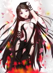 Rule 34 | 1girl, arm at side, arm up, armpits, bare shoulders, black choker, black gloves, breasts, breasts apart, brown hair, choker, collarbone, cp mizu, elbow gloves, fate/grand order, fate (series), feet out of frame, gloves, hand on own head, head tilt, highres, long hair, looking at viewer, medium breasts, midriff, motion blur, navel, parted bangs, petals, purple eyes, revealing clothes, ribbon trim, solo, standing, stomach, straight hair, teeth, thigh gap, upper teeth only, very long hair, yu mei-ren (fate)