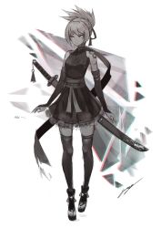 Rule 34 | 1girl, absurdres, bad id, bad pixiv id, bare shoulders, belt, boots, chromatic aberration, commentary, detached sleeves, dress, english commentary, erospanda, full body, greyscale, hair ornament, hair up, hairband, highres, katana, long sleeves, looking at viewer, monochrome, original, ponytail, short ponytail, shoulder tattoo, signature, sketch, solo, standing, sword, tattoo, thighhighs, toeless footwear, weapon, weapon on back