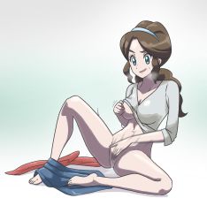 Rule 34 | 1girl, absurdres, aqua eyes, barefoot, blue hairband, breasts, brown hair, cleavage, clitoral stimulation, commentary request, creatures (company), eyelashes, feet, female masturbation, fingernails, full body, game freak, grabbing own breast, hairband, highres, konomiminoko, long hair, looking down, masturbation, mature female, mother (pokemon), motion blur, motion lines, nintendo, open mouth, pokemon, pokemon bw, pussy juice, pussy juice puddle, shirt, sidelocks, sitting, solo, spread legs, sweat, toes, tongue, unova mother (bw), v-neck