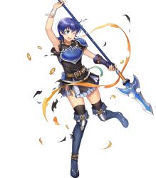 Rule 34 | 1girl, armor, belt, black thighhighs, blue eyes, blue hair, boots, breastplate, dress, farina (fire emblem), female focus, fire emblem, fire emblem: the blazing blade, fire emblem heroes, full body, highres, holding, holding polearm, holding spear, holding weapon, matching hair/eyes, nintendo, official art, one eye closed, polearm, short dress, short hair, short sleeves, shoulder armor, shoulder pads, solo, spear, thigh boots, thighhighs, torn clothes, torn thighhighs, transparent background, weapon, wince