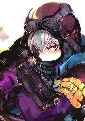 Rule 34 | 1boy, agulo, bodysuit, dohna dohna issho ni warui koto o shiyou, glaring, gloves, goggles, goggles on head, grey hair, gun, handgun, highres, holding, holding gun, holding weapon, hood, kuma (dohna dohna), looking at viewer, multicolored hair, red eyes, shaded face, simple background, solo, streaked hair, weapon, white background