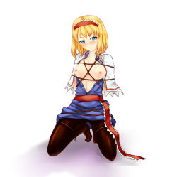 Rule 34 | 1girl, alice margatroid, arms behind back, bdsm, blonde hair, blue eyes, blush, bondage, bound, breasts, commentary, hairband, looking at viewer, nam (valckiry), nipples, pantyhose, rope, shibari, short hair, solo, touhou