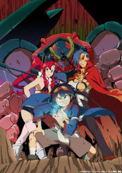 Rule 34 | 00s, 1girl, 2boys, angry, armpits, bandages, belt, bikini, bikini top only, blue hair, boota (ttgl), boots, breasts, cape, cleavage, crossed arms, drill, eyewear on head, fighting stance, frown, gainaxtop, glowing, grin, gun, gurren-lagann, hair ornament, jacket, jewelry, kamina (ttgl), kamina shades, knee boots, long hair, manly, mecha, medium breasts, multiple boys, muscular, necklace, non-web source, official art, open clothes, open jacket, pectorals, pendant, pink thighhighs, pointing, ponytail, red hair, rifle, robot, sash, scarf, short hair, short shorts, shorts, simon (ttgl), smile, spread legs, squatting, standing, striped, studded belt, sunglasses, swimsuit, tattoo, tengen toppa gurren lagann, thighhighs, torn clothes, triangular eyewear, very long hair, watanabe keisuke, weapon, yellow eyes, yoko littner, zettai ryouiki