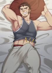 Rule 34 | 1boy, :s, abs, akashi (live a hero), armpits, bara, blush, bulge, casual, erection, erection under clothes, feet out of frame, grey tank top, grin, highres, live a hero, long sideburns, looking at viewer, lying, male focus, male underwear, male underwear peek, midriff peek, muscular, muscular male, naughty face, navel, nipple slip, nipples, on back, on bed, paid reward available, pectorals, red male underwear, scar, scar on face, scar on nose, seductive smile, shirt, short hair, sideburns, sidepec, smile, solo, stomach, striped clothes, striped shirt, tank top, thick thighs, thighs, underwear, yoshinaga haru