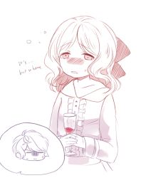 Rule 34 | 10s, 1boy, 1girl, alcohol, blush, chibi, child, collarbone, curly hair, diabolik lovers, drunk, english text, flat chest, hair ribbon, hands together, komori yui, lineart, loose clothes, manmosu, open mouth, pale color, partially colored, petite, rejet, ribbon, sakamaki shuu, simple background, solo focus, sweat, tareme, text focus, upper body, white background, wine, aged down