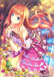 Rule 34 | 1girl, bare shoulders, blonde hair, blouse, bridal gauntlets, building, dress, dutch angle, finger to mouth, floating hair, flower, frills, galaxy dungeon, green eyes, kitiroku, layered dress, leaning forward, long hair, looking at viewer, shirt, skirt, square enix, tree