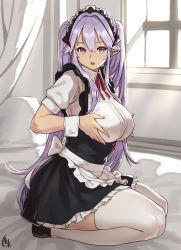 Rule 34 | 1girl, apron, breast hold, breasts, demon girl, demon horns, demon maid (houtengeki), from side, full body, hair between eyes, highres, horns, houtengeki, indoors, large breasts, light purple hair, long hair, looking at viewer, maid, maid apron, maid headdress, miniskirt, on bed, open mouth, original, pointy ears, purple eyes, seiza, sidelocks, sitting, skirt, solo, thighhighs, twintails, underbust, very long hair, waist apron, white thighhighs, wrist cuffs, zettai ryouiki