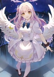 Rule 34 | 1girl, :d, angel wings, blue archive, blunt bangs, building, capelet, commentary request, dress, feathered wings, fence, fisheye, frilled dress, frills, hair bun, hair ornament, halo, highres, long hair, looking at viewer, mika (blue archive), night, night sky, one side up, open mouth, partial commentary, pink hair, ra mun5239, scrunchie, sidelocks, single side bun, sky, skyline, skyscraper, smile, solo, star (sky), starry sky, turtleneck, white dress, white wings, wings, wrist scrunchie, yellow eyes