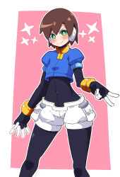 Rule 34 | 1girl, absurdres, aile (mega man zx), black bodysuit, blue jacket, blush, bodysuit, brown hair, buzzlyears, closed mouth, cropped jacket, green eyes, highres, jacket, mega man (series), mega man zx, short shorts, short sleeves, shorts, smile, solo, v, white shorts
