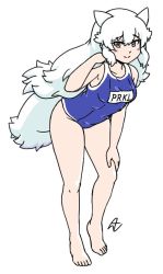 Rule 34 | 1girl, acesrulez, alternate costume, animal ears, arctic fox (kemono friends), bare arms, bare legs, bare shoulders, barefoot, blue one-piece swimsuit, blush, collarbone, commentary request, fox ears, fox girl, fox tail, full body, kemono friends, long hair, looking at viewer, name tag, one-piece swimsuit, school swimsuit, swimsuit, tail, white hair, yellow eyes