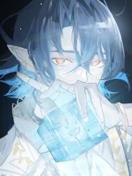 Rule 34 | 1boy, absurdres, arknights, blue hair, covered mouth, crossed bangs, dark background, freckles, hair between eyes, hand up, highres, holding, holding cube, jewelry, looking at viewer, lumen (arknights), male focus, orange eyes, pointy ears, portrait, shinonoi kekki, shirt, short hair, solo
