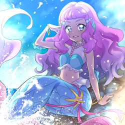 Rule 34 | 1girl, arm support, blue eyes, blue sky, bracelet, cloud, commentary request, jewelry, laura (precure), looking at viewer, mermaid, midriff, monster girl, nakahira guy, navel, ocean, outdoors, pink hair, precure, sitting, sky, solo, tropical-rouge! precure, water