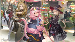 Rule 34 | 5girls, animal ears, arknights, blonde hair, breasts, brown hair, cake, candle, cat ears, cat girl, cat tail, chain, chained wrists, cleavage, food, goldenglow (arknights), grani (arknights), grey hair, hat, haze (arknights), highres, horse ears, horse girl, infection monitor (arknights), large breasts, long hair, medium breasts, multiple girls, official art, pink hair, quercus (arknights), skyfire (arknights), tail, witch hat