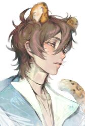 Rule 34 | 1boy, animal ear fluff, animal ears, brown hair, cheetah boy, cheetah ears, cheetah print, cheetah tail, chenyao4444444, eiden (nu carnival), highres, jewelry, looking down, male focus, messy hair, necklace, nu carnival, parted lips, short hair, tail, teeth, upper body, white background