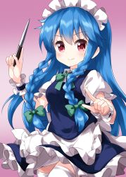 Rule 34 | 1girl, alternate hairstyle, apron, blue dress, blue hair, bow, bowtie, braid, closed mouth, collared shirt, cosplay, dress, gradient background, green bow, green bowtie, hair bow, highres, hinanawi tenshi, holding, holding knife, index finger raised, izayoi sakuya, izayoi sakuya (cosplay), knife, long hair, looking at viewer, maid, maid headdress, pink background, red eyes, ruu (tksymkw), shirt, short sleeves, side braids, smile, solo, standing, touhou, twin braids, v-shaped eyebrows, waist apron, white apron, white headwear, white legwear, white shirt, wrist cuffs