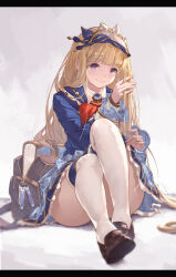 Rule 34 | 1girl, absurdres, bag, black footwear, blonde hair, blue dress, book, bow, bowtie, cagliostro (granblue fantasy), closed mouth, dress, granblue fantasy, highres, letterboxed, loafers, long hair, long sleeves, looking at viewer, playing with own hair, potion, purple eyes, red bow, red bowtie, shoes, sitting, solo, thighhighs, thighs, very long hair, vial, white thighhighs, yu pian, zettai ryouiki