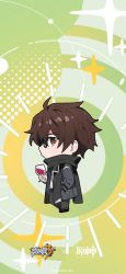 Rule 34 | 1boy, brown eyes, brown hair, chibi, crossover, cup, drinking glass, full body, genshin impact, glasses, highres, holding, holding cup, honkai (series), honkai impact 3rd, looking at viewer, male focus, mihoyo, official art, profile, welt yang