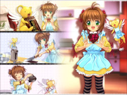 Rule 34 | 1990s (style), apron, brown hair, cardcaptor sakura, child, chocolate, cooking, frills, green eyes, heart, highres, kero (cardcaptor sakura), kinomoto sakura, kodansha, mutsuki (moonknives), retro artstyle, short hair, striped clothes, striped legwear, striped thighhighs, thighhighs, valentine, wallpaper