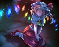 Rule 34 | 1girl, :o, ascot, beekan, between legs, blonde hair, blush, bobby socks, commentary request, crystal, flandre scarlet, frilled shirt collar, frilled sleeves, frills, full body, hair between eyes, hand between legs, hat, hat ribbon, highres, looking at viewer, mary janes, medium hair, mob cap, night, nose, on ground, one side up, open mouth, puffy short sleeves, puffy sleeves, red eyes, red footwear, red ribbon, red skirt, red vest, ribbon, shirt, shoes, short sleeves, side ponytail, sitting, skirt, skirt set, socks, solo, touhou, vest, wariza, wavy hair, white shirt, white socks, wings, yellow ascot