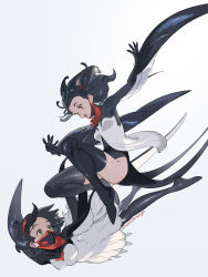 Rule 34 | 2girls, barn swallow, black hair, black legwear, boots, breasts, brown eyes, dress, gradient background, highres, long hair, mask, medium breasts, mouth mask, multiple girls, open mouth, original, personification, print mask, signature, smile, thigh boots, thighhighs, umishima senbon, white background, white dress