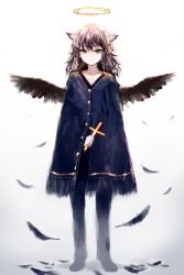 Rule 34 | 1girl, absurdres, animal ears, blue cape, brown hair, cape, closed mouth, feathers, full body, gradient background, halo, highres, holding, looking at viewer, mini wings, original, smile, solo, spread wings, standing, sukemyon, wings, yellow eyes