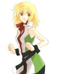 Rule 34 | 00s, 1girl, bare shoulders, belt, blonde hair, cagalli yula athha, clenched hands, cowboy shot, gundam, gundam seed, gundam seed destiny, looking at viewer, orange eyes, short hair, simple background, sleeveless, solo, upper body, vest, white background, wrist cuffs