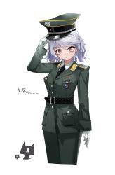 Rule 34 | 1girl, absurdres, adjusting clothes, adjusting headwear, arm up, belt, brown eyes, cropped legs, eyebrows hidden by hair, gloves, grey hair, hat, highres, huichaz, looking at viewer, military, military hat, military uniform, original, short hair, simple background, solo, standing, uniform, white background, white gloves
