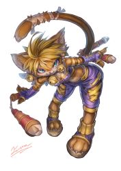 Rule 34 | 1girl, absurdres, angel wings, animal ears, aqua eyes, armor, bandages, bare shoulders, bell, blonde hair, blue eyes, breasts, cat, cat ears, cat girl, cat tail, daena, eye contact, facing viewer, feathers, furry, furry female, gloves, highres, legend of mana, looking at another, looking at viewer, mini wings, nunchaku, open mouth, seiken densetsu, short hair, simple background, slit pupils, smile, solo, tail, tamanosuke, weapon, white background, white wings, wings