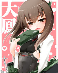 Rule 34 | 10s, 1girl, blush, brown eyes, brown hair, headband, headgear, heart, hisame genta, kantai collection, looking at viewer, open mouth, personification, short hair, smile, solo, taihou (kancolle)