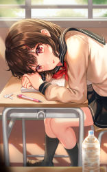 Rule 34 | 1girl, absurdres, bad id, bad pixiv id, black hair, black socks, blush, bottle, chair, classroom, closed mouth, commentary request, desk, hair ornament, highres, indoors, kneehighs, looking at viewer, mechanical pencil, original, pencil, red eyes, school uniform, serafuku, short hair, sitting, smile, socks, solo, tokkyu, tongue, tongue out, water bottle, x hair ornament
