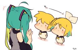 Rule 34 | 1boy, 2girls, aqua hair, blonde hair, blush stickers, detached sleeves, hair ribbon, hatsune miku, kagamine len, kagamine rin, kitsune no ko, long hair, looking at another, looking up, multiple girls, ribbon, simple background, staring, sweatdrop, twintails, vocaloid, white background, | |