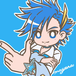 Rule 34 | 1boy, blue background, blue choker, blue eyes, blue hair, bright pupils, choker, closed mouth, collared shirt, cure lock, dancing star precure, hair ornament, hand on own arm, highres, index finger raised, magical boy, male focus, mayena, natsume hayato, precure, shirt, signature, simple background, smile, solo, spiked hair, star bracelet, vest, white pupils, wrist cuffs