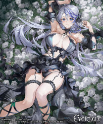 Rule 34 | 1girl, armpits, arms up, bare shoulders, black skirt, blue eyes, blue hair, blush, breasts, character request, cleavage, commentary request, copyright name, evertale, flower, grey hair, highres, large breasts, long hair, looking at viewer, lying, multicolored hair, official art, on back, parted lips, sage joh, skirt, solo, streaked hair, thigh strap, thighs